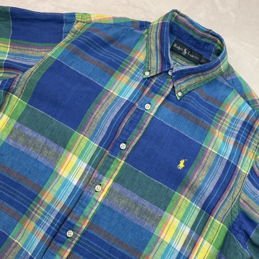 Polo Ralph Lauren Vintage 90s Linen Rainbow Plaid Madras Shirt Mens L